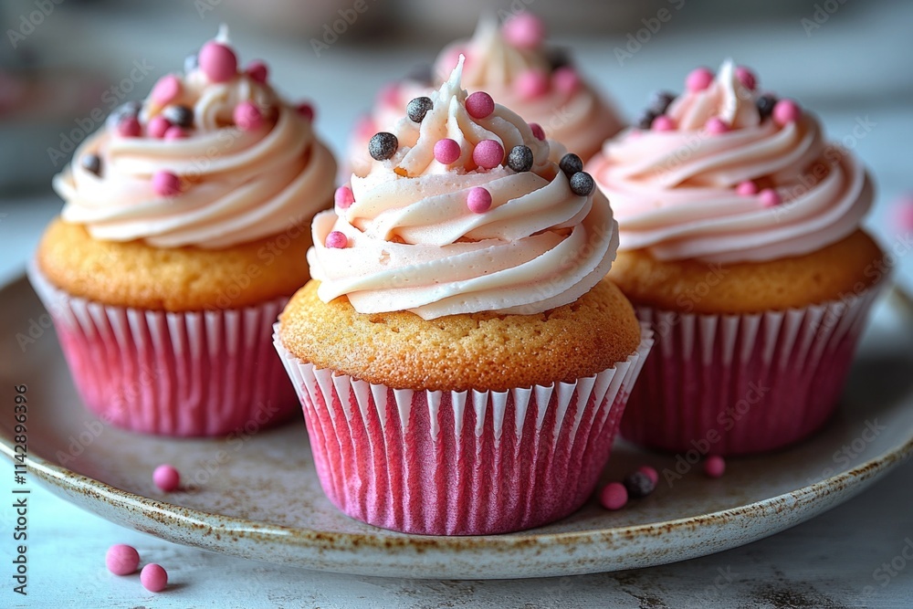 A plate of colorful cupcakes with pink frosting and sprinkles, perfect for birthday parties or sweet treats A plate of colorful cupcakes with pink frosting and sprinkles, perfect for birthday parties or sweet treats