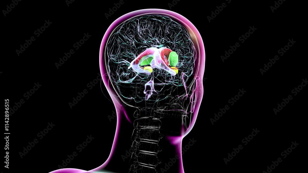 3D animation of a rotating brain highlighting the caudate nucleus (red), putamen (green), amygdala (yellow), and ventricles (purple transparent). 