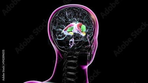 3D animation of a rotating brain highlighting the caudate nucleus (red), putamen (green), amygdala (yellow), and ventricles (purple transparent).  photo