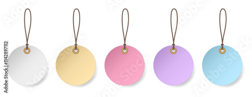 Set of round hanging labels. White, cream, pink, purple and blue gift tags. Cardboard tags with hole and rope	