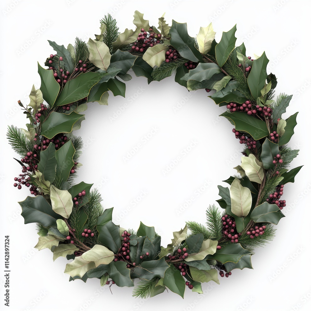 Fototapeta premium A beautifully crafted wreath made of green holly leaves, berries, and pine, perfect for holiday decorations or seasonal projects, Ideal for marketing, home decor, or crafting ideas,