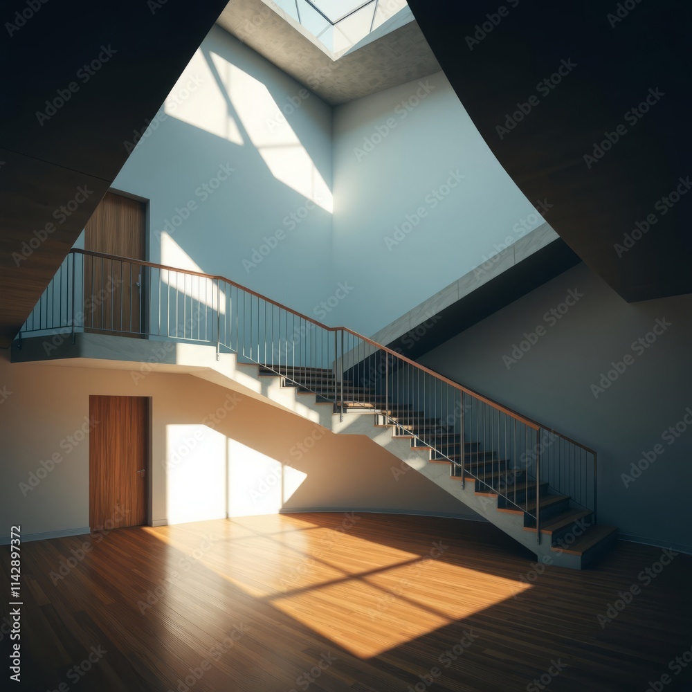 Obraz premium Home building interior empty room design staircase concrete top wood stainless steel handrails wood concrete design wood design concrete architecture wall floor modern