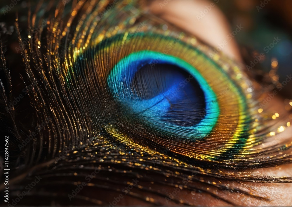 Obraz premium Macro Peacock Iridescent Eye on Dark Background. High-Detail Photography for Art and Nature Design. Educational and Scientific Use 
