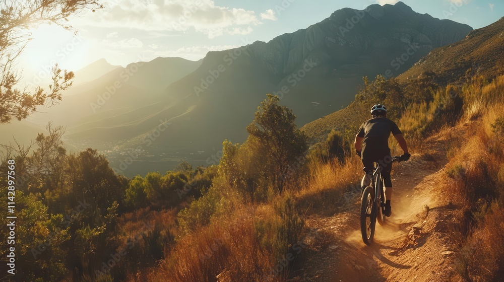 Obraz premium mountain biker navigating a thrilling downhill trail, surrounded by nature's beauty, embodying the spirit of adventure and outdoor recreational activities in an exhilarating setting
