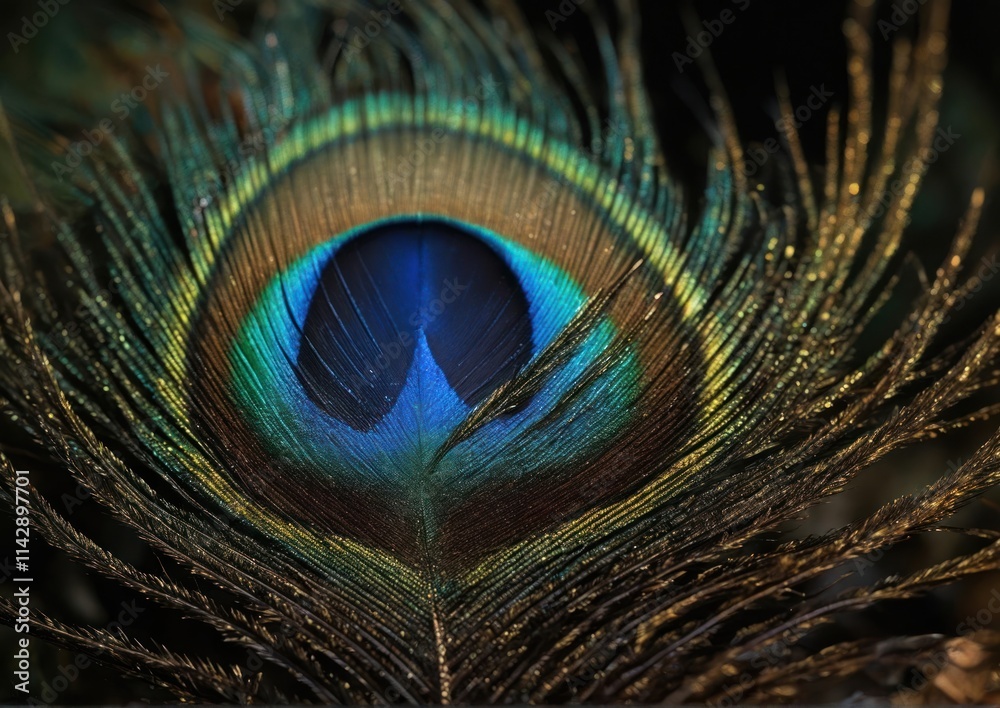 Naklejka premium Macro Peacock Iridescent Eye on Dark Background. High-Detail Photography for Art and Nature Design. Educational and Scientific Use