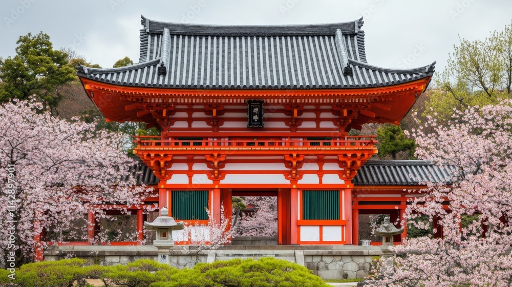 Vibrant Spring Blossoms Surrounding Symmetrical Shrine Vibrant Spring Blossoms Surrounding Symmetrical Shrine