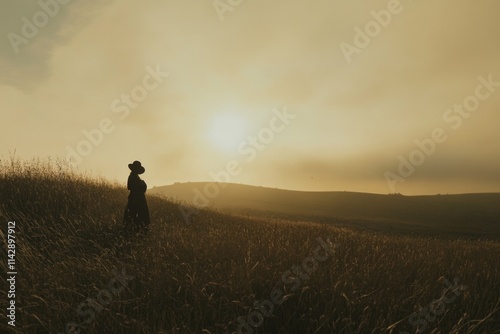 A person standing in a field at sunset, great for use as a background or atmosphere photo