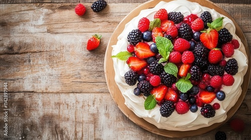 mouthwatering pavlova meringue cake topped with vibrant fresh berries, beautifully arranged on a rustic wooden table, invitingly styled for a summer celebration