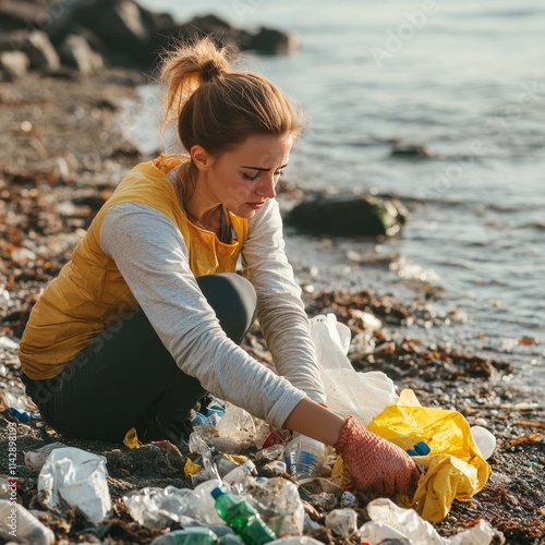 Volunteer cleans seashore, removing litter that harms sea life. photo