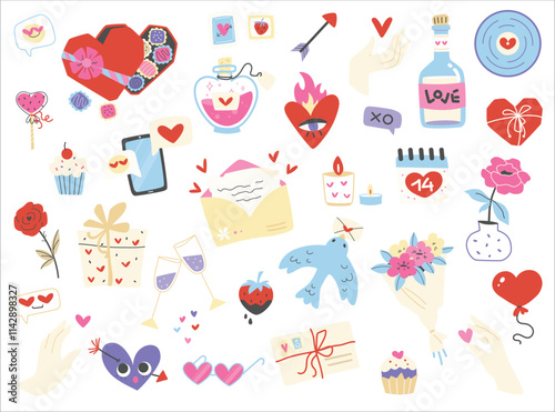 Romantic elements for Valentine's Day. Cute set for lovers. Hearts, sweets, gifts, messages and letters with declaration of love
