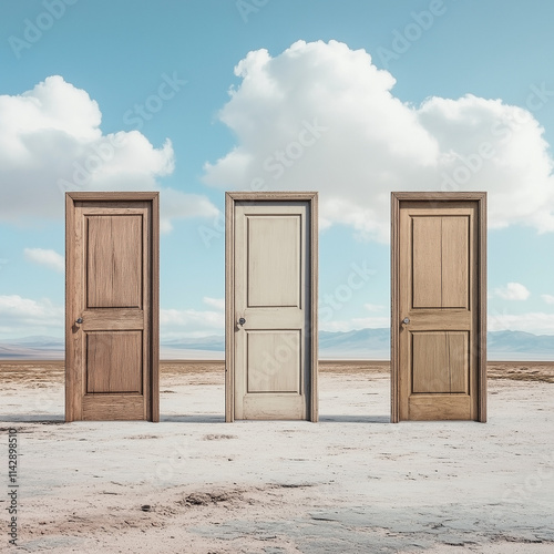 Three doors symbolizing choices, each representing a different path to a new adventure. A thought-provoking and mysterious visual that invites decision-making and exploration. photo