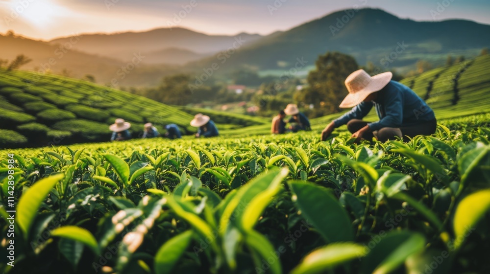 Fototapeta premium Workers Harvesting Tea Leaves in Scenic Plantation