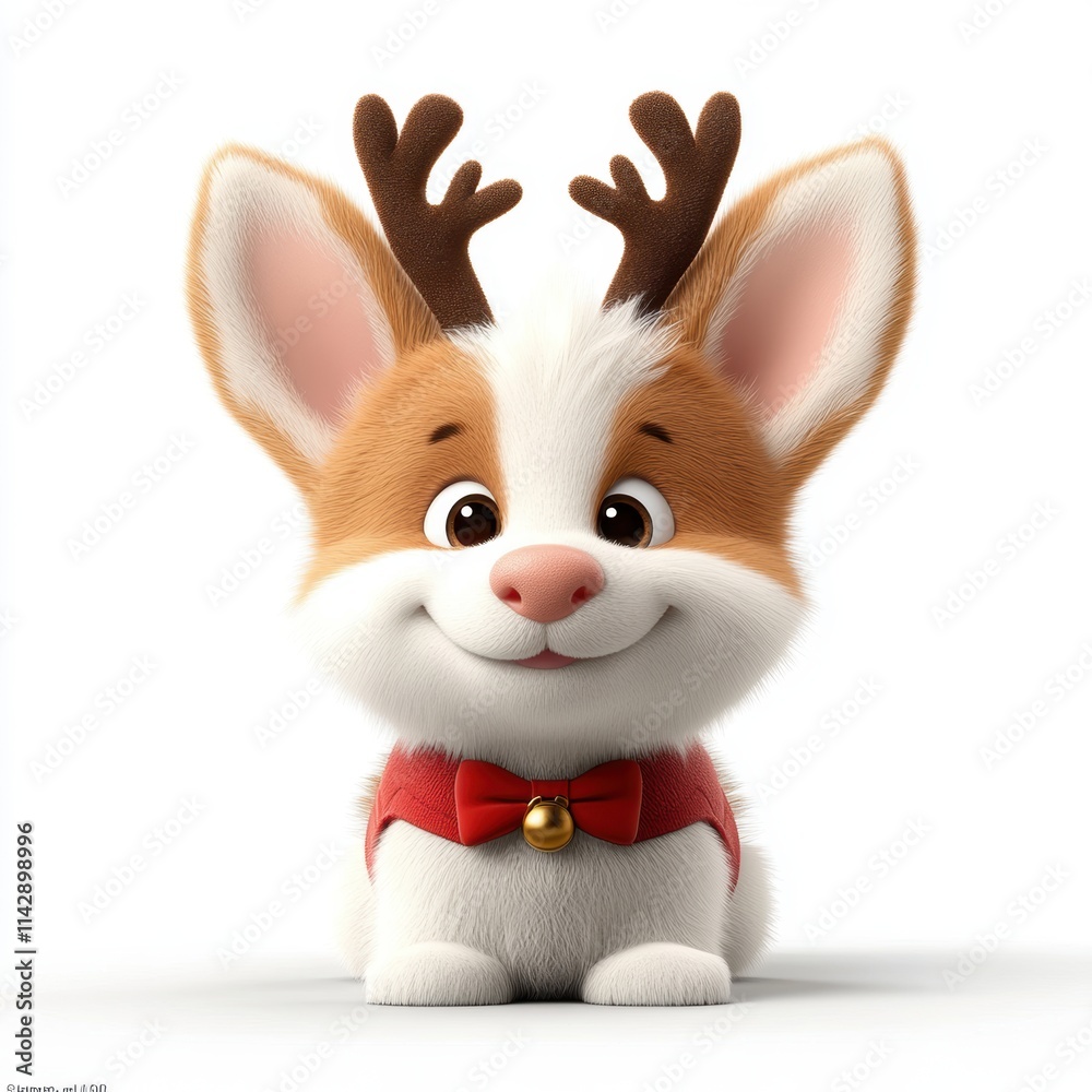 Obraz premium A cute cartoonish animal features fluffy fur, oversized ears, and playful antlers, dressed with a red bow tie, Ideal for holiday-themed content, children's marketing, or greeting cards,