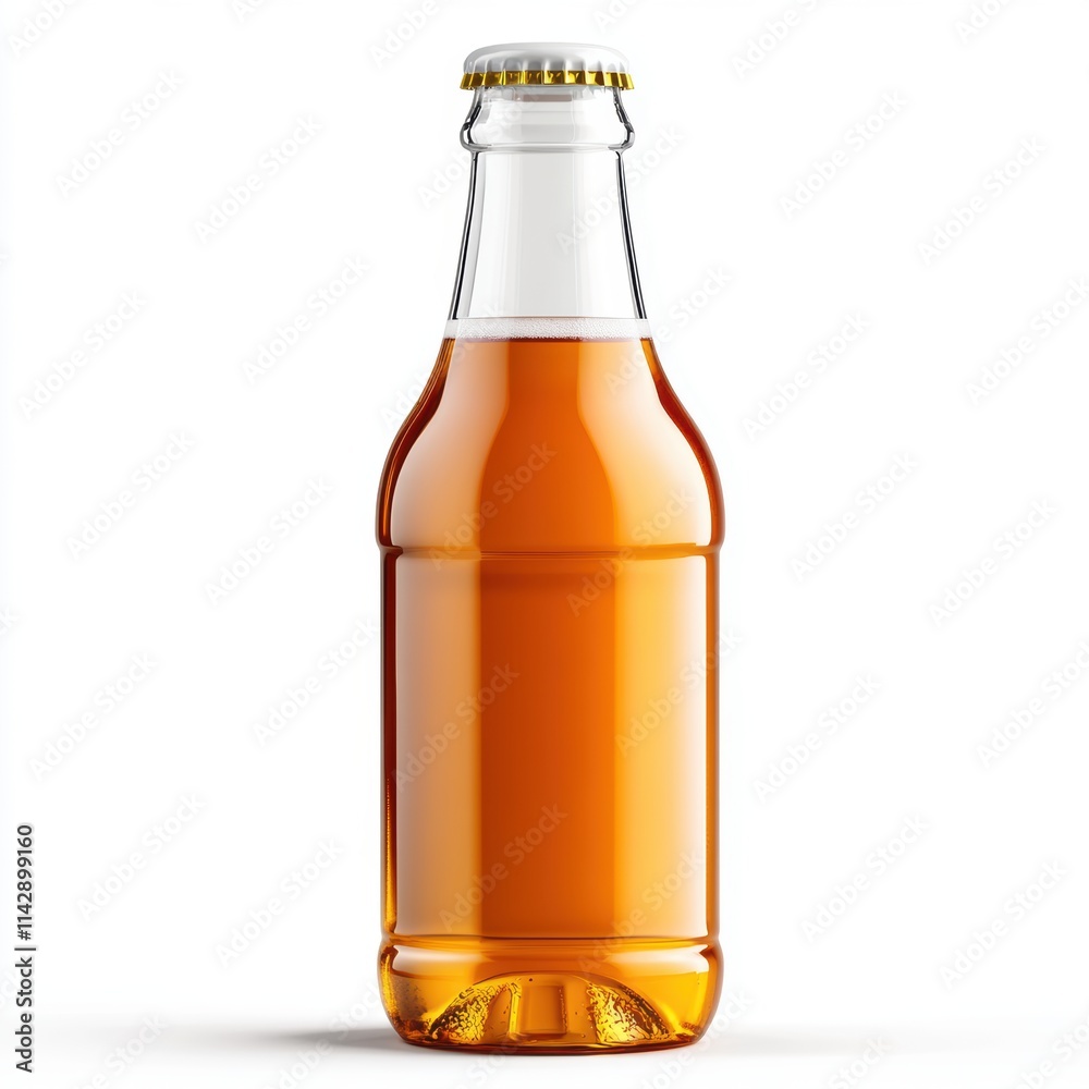 A clear glass bottle filled with amber liquid, showcasing a refreshing beverage, Ideal for use in advertisements, menus, or articles related to drinks, relaxation, and social gatherings, A clear glass bottle filled with amber liquid, showcasing a refreshing beverage, Ideal for use in advertisements, menus, or articles related to drinks, relaxation, and social gatherings,