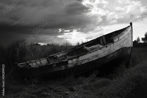 A black and white photograph of a boat sitting in a field