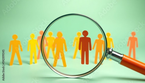 Magnifying glass focuses on specific customer group. Analysis of niche audience. Targeting customers. Marketing strategy illustration. Market research. Identifying consumer preferences. Understanding photo