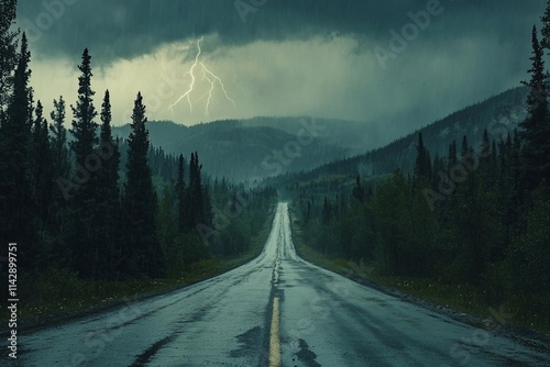 Stormy road through a mountain forest with lightning.