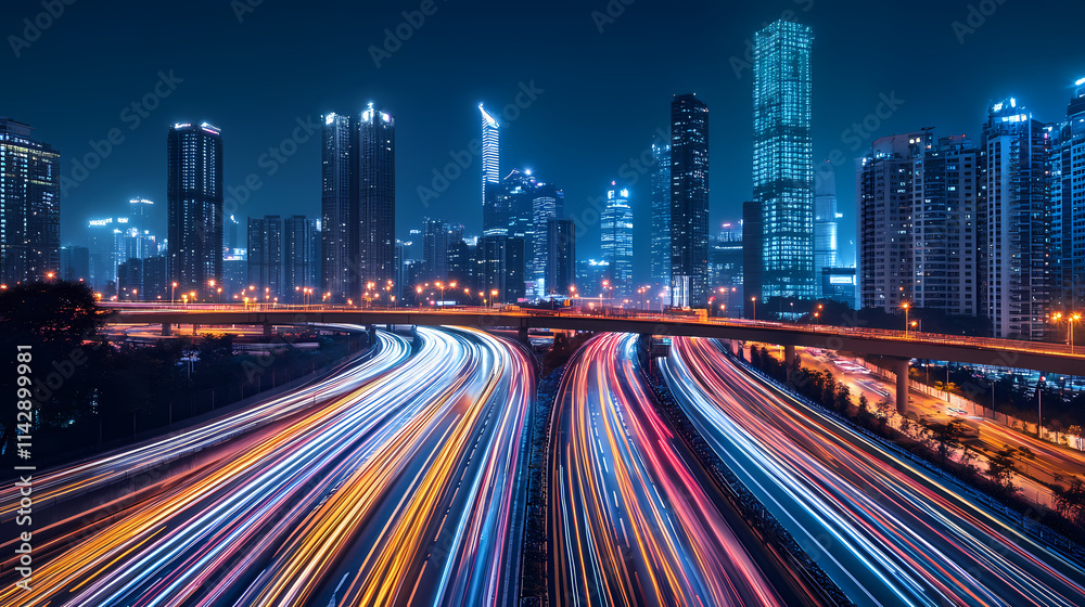 Nighttime city skyline with illuminated buildings and traffic trails, urban nocturne. Nocturne. Illustration Nighttime city skyline with illuminated buildings and traffic trails, urban nocturne. Nocturne. Illustration