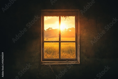 A window with a view of a field and a sun setting