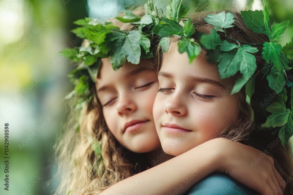 Two friends embracing with natural decorations Two friends embracing with natural decorations