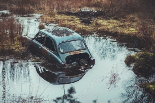 An old car stuck in the mud of a swamp, possibly abandoned or salvaged photo