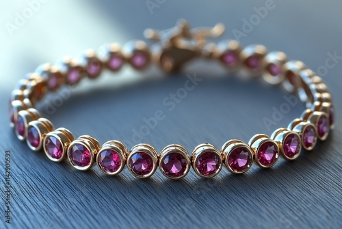 A pink stone bracelet sits alone on a table, perfect for showcasing jewelry or as a decorative accent photo