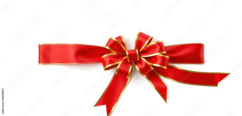Red ribbon with gold trim forms beautiful bow. Isolated on white background. Perfect for gift wrapping holiday decorations. Ideal for special occasions like Christmas, birthdays, anniversaries. Red ribbon with gold trim forms beautiful bow. Isolated on white background. Perfect for gift wrapping holiday decorations. Ideal for special occasions like Christmas, birthdays, anniversaries.