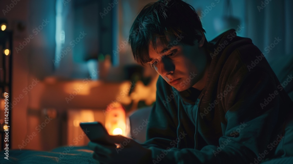 Teenage boy looks at smartphone in dimly lit room, focused expression, introspection Teenage boy looks at smartphone in dimly lit room, focused expression, introspection