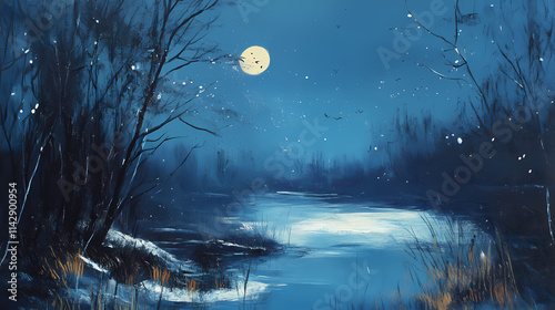 Romantic nocturnal winter landscape, acrylic painting and illustration. Nocturne. Illustration