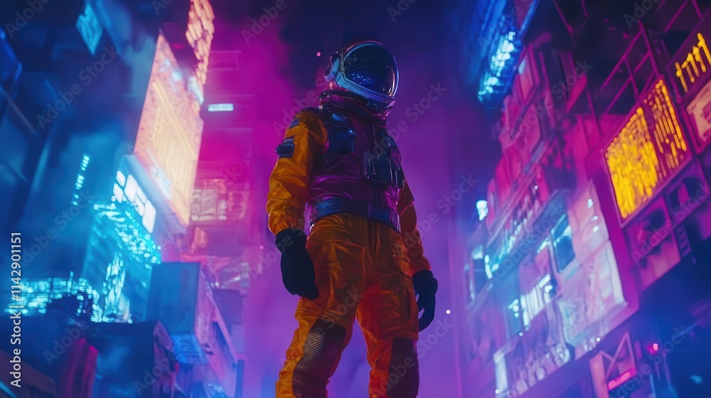 neon-lit cyberpunk astronaut standing confidently on a glowing street at night, surrounded by futuristic cityscape, vibrant colors reflecting off metallic surfaces, creating a captivating sci-fi scene neon-lit cyberpunk astronaut standing confidently on a glowing street at night, surrounded by futuristic cityscape, vibrant colors reflecting off metallic surfaces, creating a captivating sci-fi scene