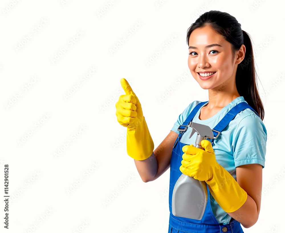 A young Asian girl in a blue jumpsuit and yellow rubber gloves, smiling, looks at the camera, holding a gray plastic bottle of detergent in her hands and gives a thumbs up. A place to copy A young Asian girl in a blue jumpsuit and yellow rubber gloves, smiling, looks at the camera, holding a gray plastic bottle of detergent in her hands and gives a thumbs up. A place to copy