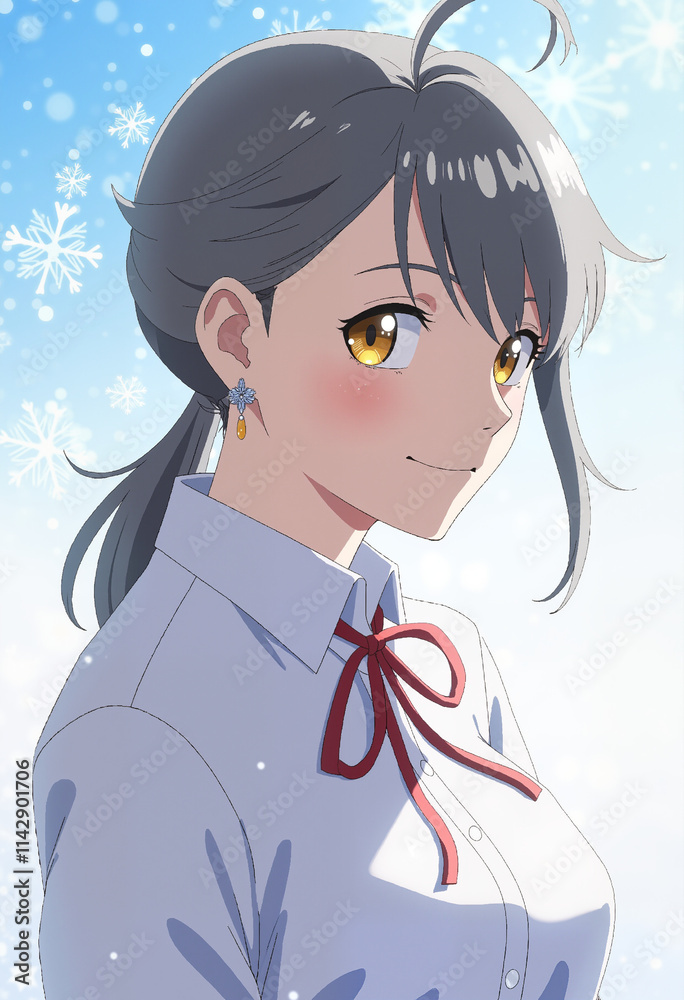 Anime-Style Portrait of a Confident Young Woman with Golden Eyes, Soft Smile, Snowy Background, and Elegant Winter-Inspired Attire Anime-Style Portrait of a Confident Young Woman with Golden Eyes, Soft Smile, Snowy Background, and Elegant Winter-Inspired Attire