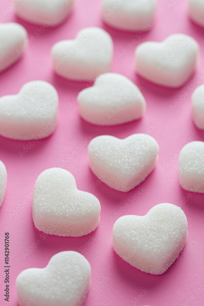Obraz premium A cluster of white sugar hearts sit on a bright pink surface, perfect for a whimsical or romantic-themed project