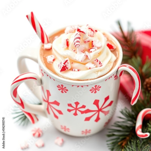 Festive peppermint hot cocoa in decorated mug. Whipped cream topped with candy crumbles. Christmas holiday drink. Cozy atmosphere. Festive mug with snowflake pattern. Red, white colors. Isolated on