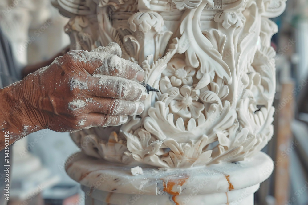 Obraz premium Generative AI Image of a Stonemason Working with Stone, Shaping and Carving Stone Surface