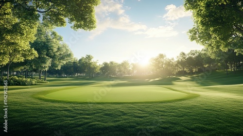 A serene golf course scene at sunrise, featuring a lush green putting green surrounded by trees.