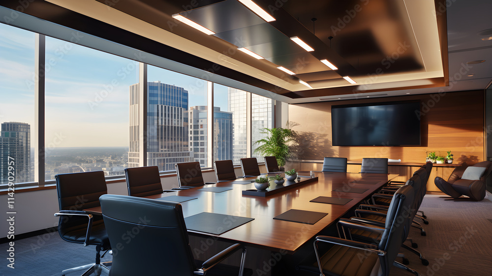 Modern Corporate Board Room with Advanced Amenities and Stunning City View Modern Corporate Board Room with Advanced Amenities and Stunning City View