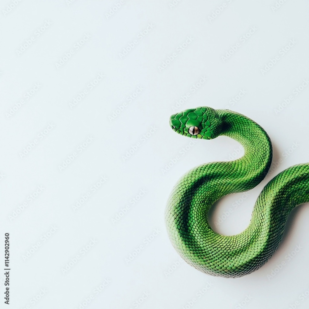 Fototapeta premium Green snake in green fresh leaves on white background, empty space for text, copy space. Symbol of 2025 year of the Snake, picture for postcard and poster calendar
