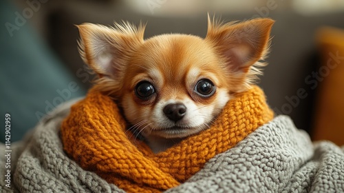 A small dog wrapped snugly in a blanket, perfect for a cozy moment or pet photography