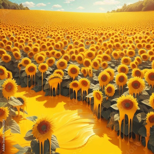 Surreal image of a sunflower field submerged in yellow paint, with paint dripping from the sunflowers.