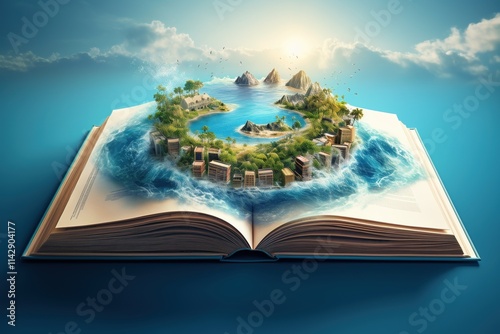 Transformative shores depicted in a vibrant open book, highlighting a serene ocean landscape with tropical islands and futuristic elements