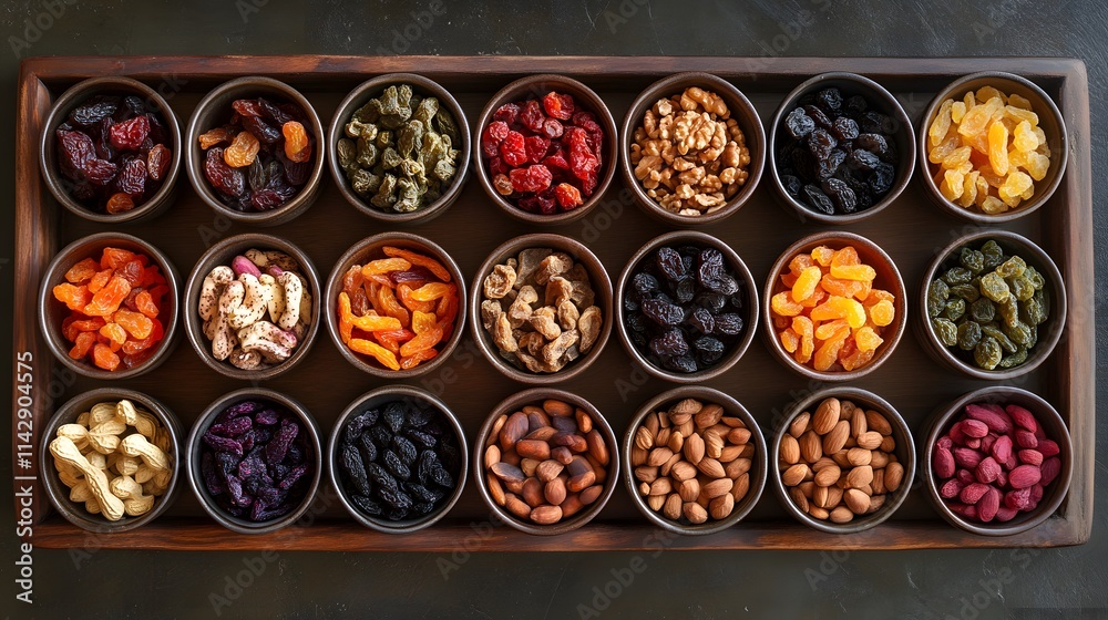 Multiple small ceramic bowl filled with colorful dried fruit and nut arranged neatly on a tray for serving or display Multiple small ceramic bowl filled with colorful dried fruit and nut arranged neatly on a tray for serving or display