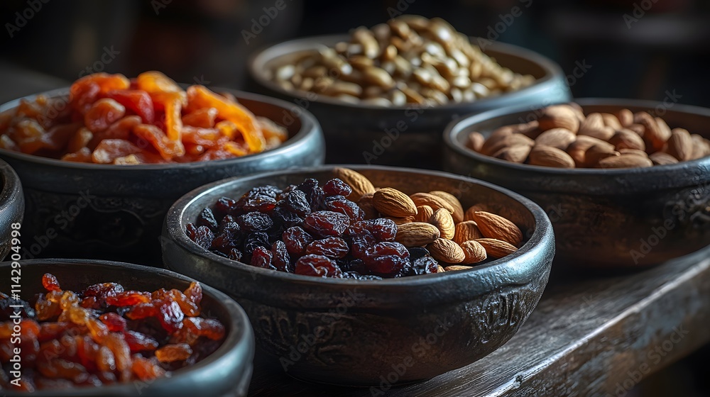Beautifully arranged nut and dried fruit in detailed ceramic bowl placed on a rustic wooden tray, highlighting texture and vibrant color Beautifully arranged nut and dried fruit in detailed ceramic bowl placed on a rustic wooden tray, highlighting texture and vibrant color