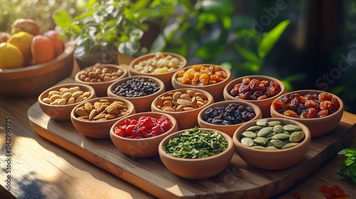 Nut and dried fruit arranged in earthen bowl with sunlight filtering through greenery photo