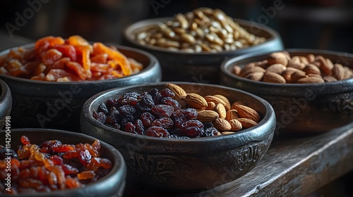 Beautifully arranged nut and dried fruit in detailed ceramic bowl placed on a rustic wooden tray, highlighting texture and vibrant color