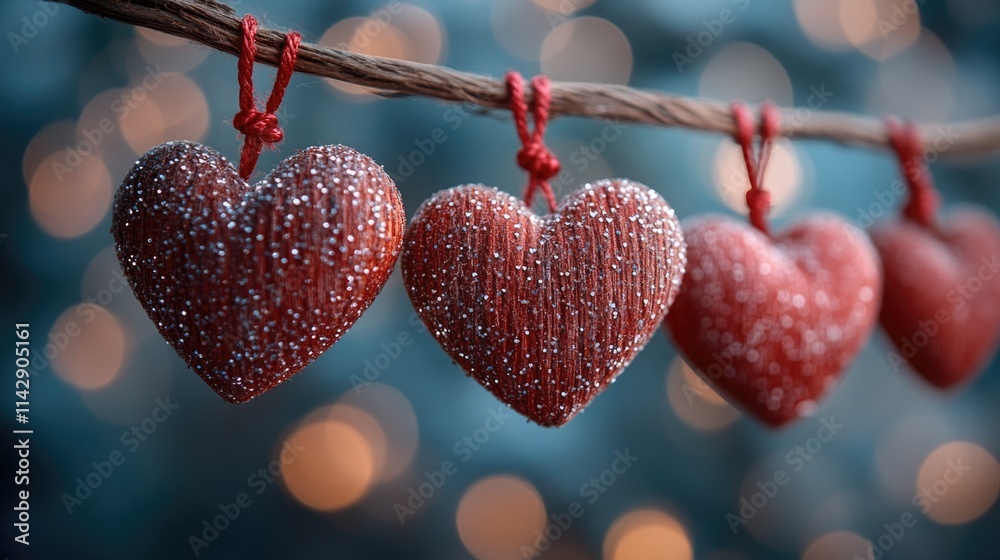 Three red paper hearts hanging from a string, perfect for Valentine's Day or romantic gestures Three red paper hearts hanging from a string, perfect for Valentine's Day or romantic gestures
