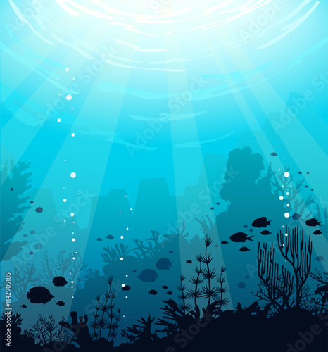 Seascape with silhouette of coral reef and school of fish on a blue ocean background. Vector illustration with underwater nature.  Flora and fauna of sea.