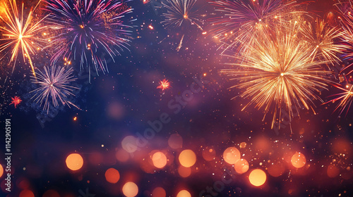Fireworks panoramic background with copyspace  Christmas new year and holiday night party web banner
