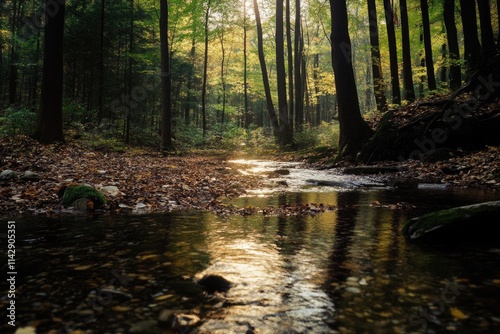 A serene river flows peacefully through a densely wooded area, surrounded by towering trees photo