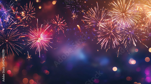 Fireworks panoramic background with copyspace  Christmas new year and holiday night party web banner